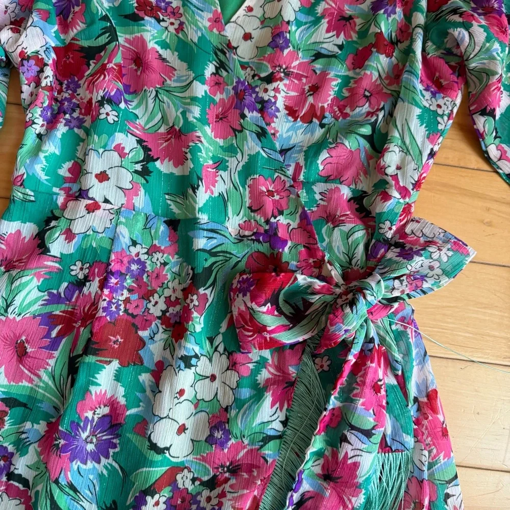 Nasty Gal Teal Floral Wrap Midi Dress with Fringe Size US 6 - Picture 2 of 10